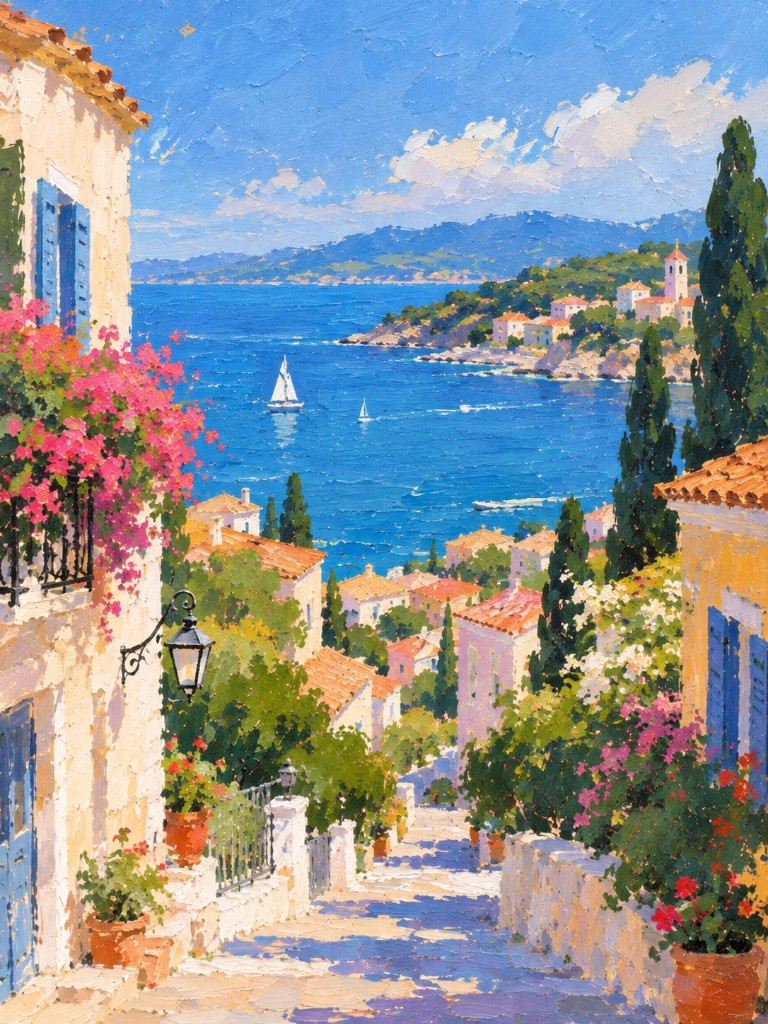 Impressionist coastal village painting generated with GPT Image 2.5