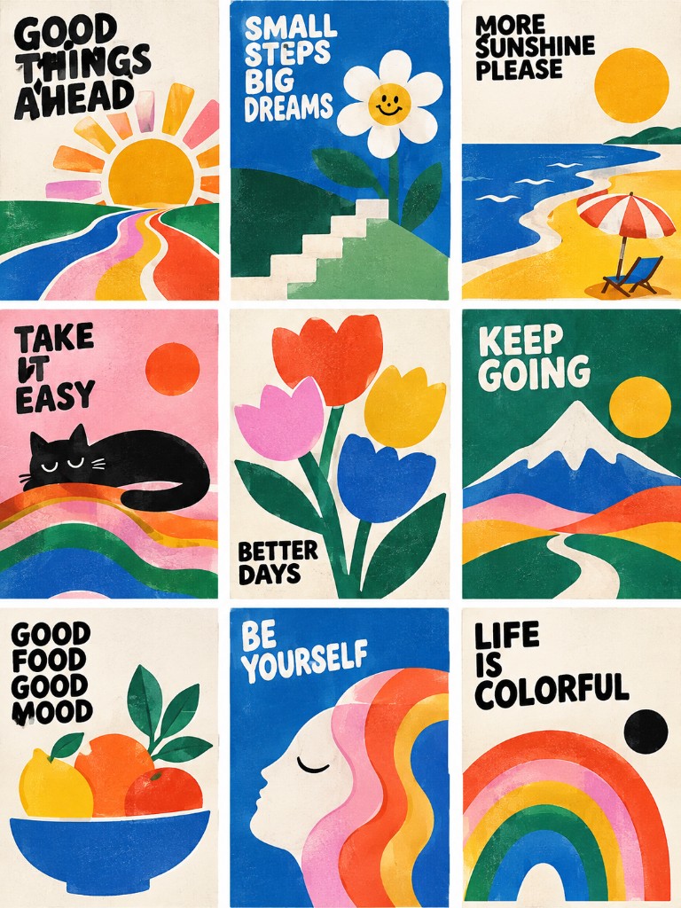 Nine-panel colorful poster series generated with GPT Image 2.5